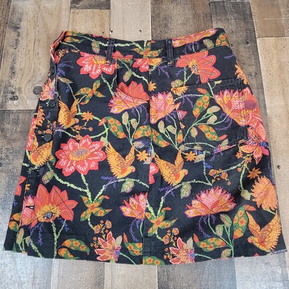Farm Rio Anthropologie Quilted Mini Skirt Small‎ Black Pink Floral Birds Boho - Picture 3 of 11